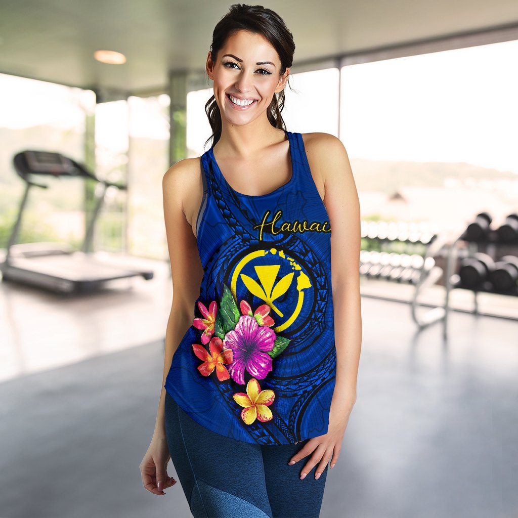Hawaii Polynesian Women's Racerback Tank - Floral With Seal Blue - Polynesian Pride