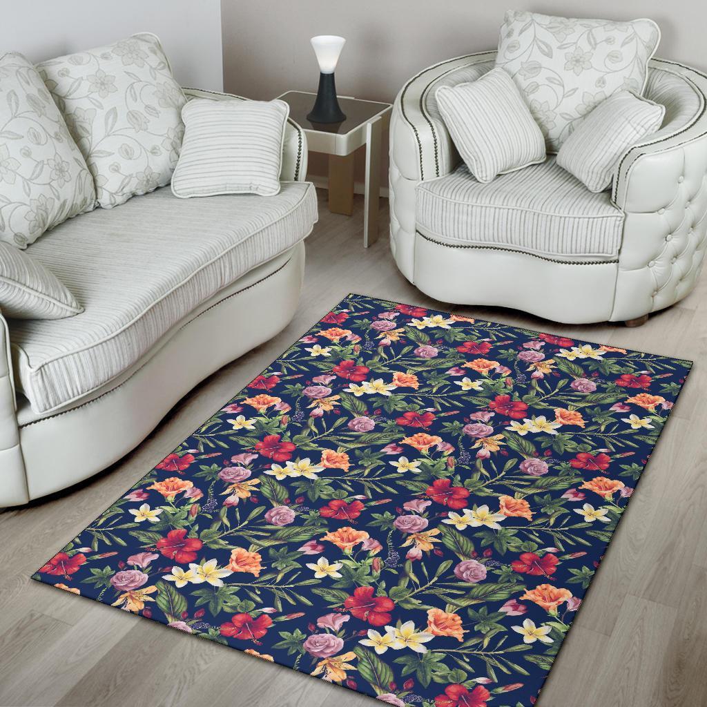 Tropical Hibiscus Red And Plumeria White Rug - Polynesian Pride