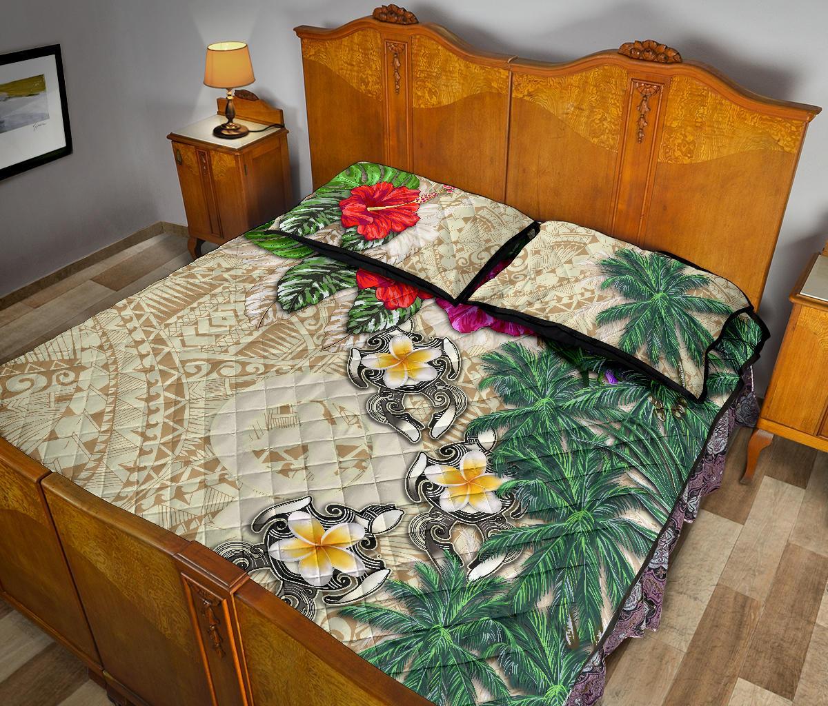 Vanuatu Polynesian Quilt Bed Set - Hibiscus Turtle Tattoo Beige - Polynesian Pride