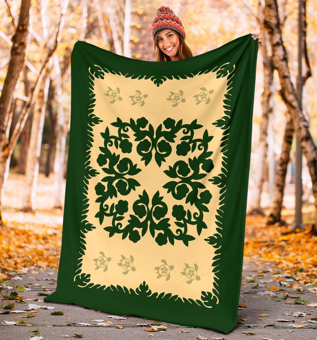 Hawaii Premium Blanket - Hawaiian Quilt Plumeria Medallion Green Premium Blanket - AH - Polynesian Pride