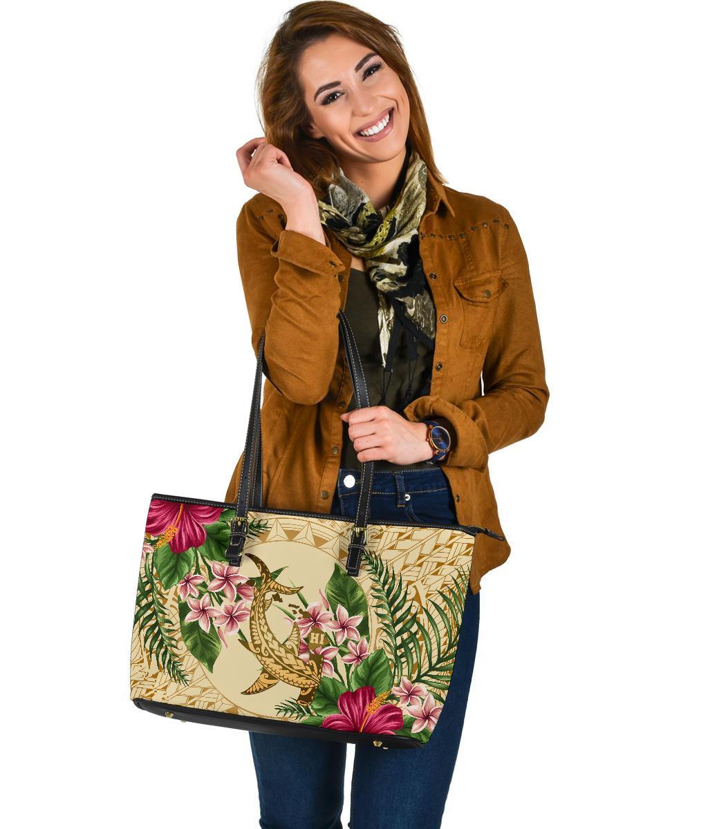 Hawaii Leather Tote - Hammerhead Shark Large Leather Tote Strong Pattern Hibiscus Plumeria AH - Polynesian Pride
