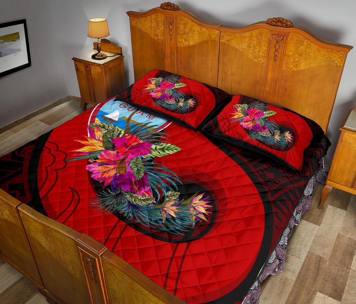Guam Quilt Bed Set - Polynesian Hook And Hibiscus (Red) - Polynesian Pride