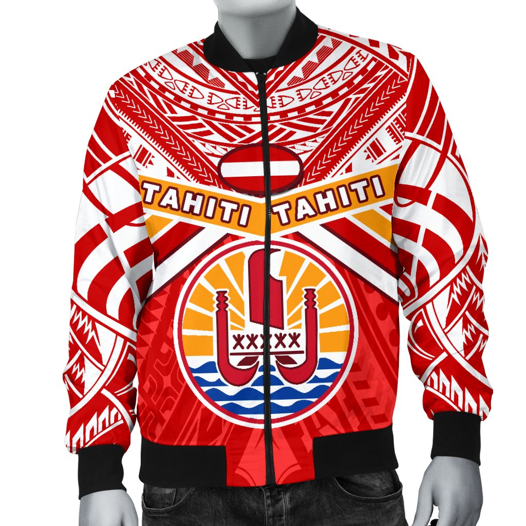 Tahiti Rugby Men Bomber Jacket Polynesian Coat Of Arms and Flag - Polynesian Pride