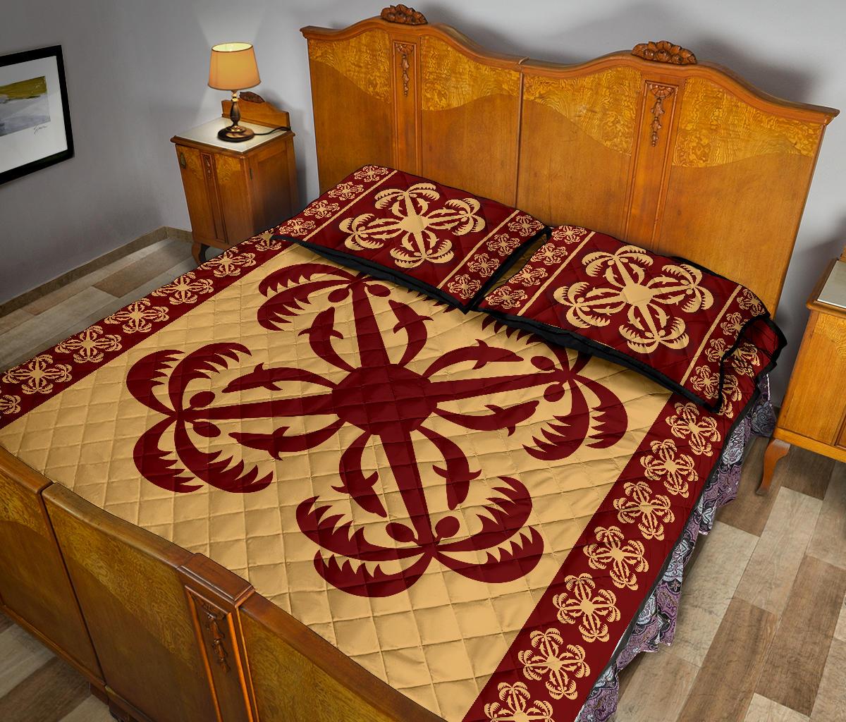 Hawaiian Quilt Pattern Dolphin And Coconut Quilt Bed Set - Polynesian Pride