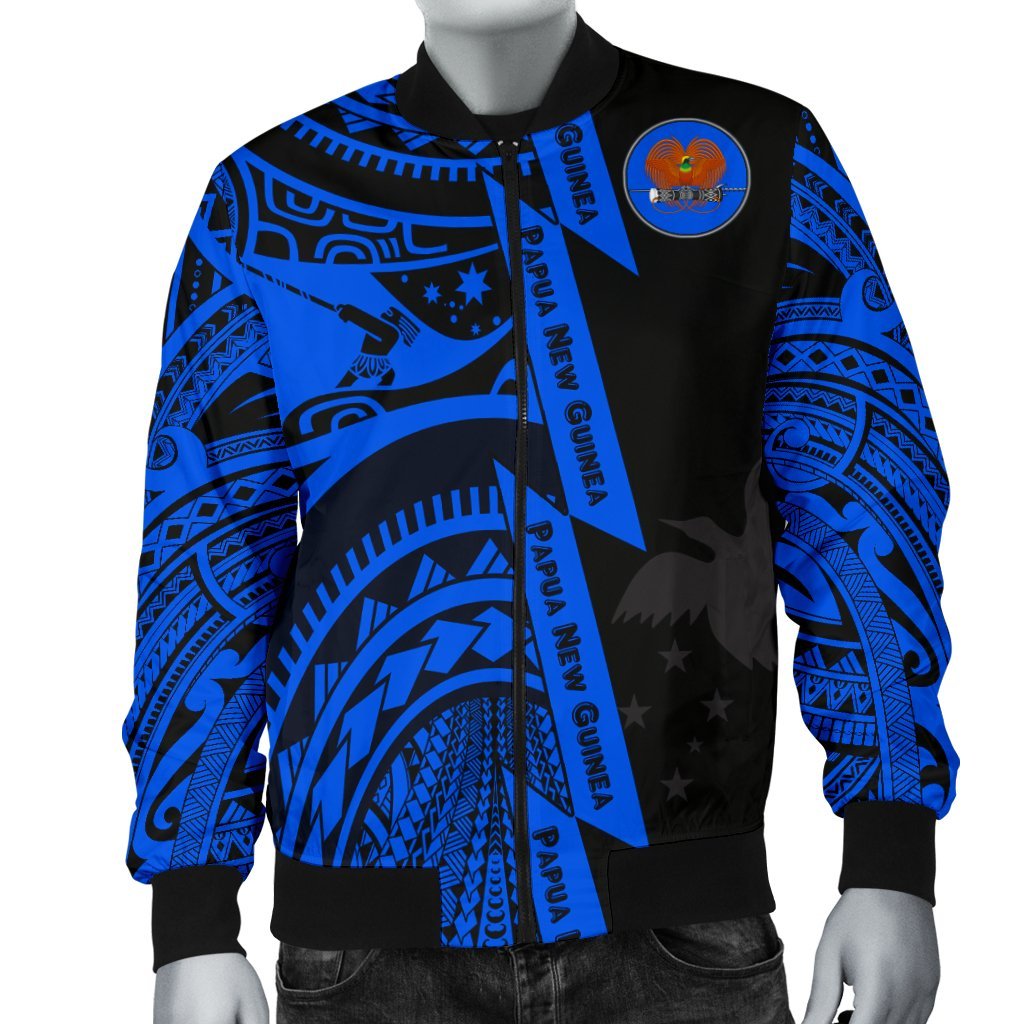 Polynesian Guinea Men's Bomber Jacket - Moana Maui Tattoo With Coat Of Arm Guinea Blue Blue - Polynesian Pride