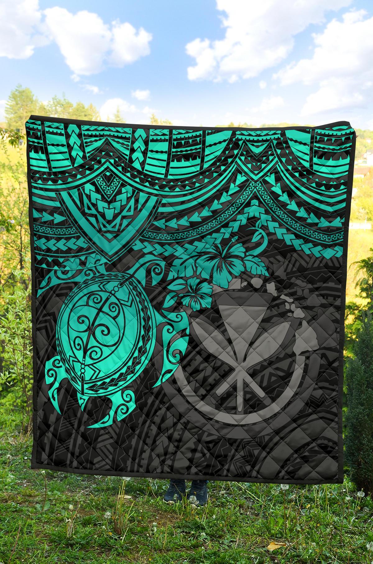Hawaii Polynesian Premium Quilt - Kanaka Maoli & Turquoise Turtle Hibiscus - Polynesian Pride