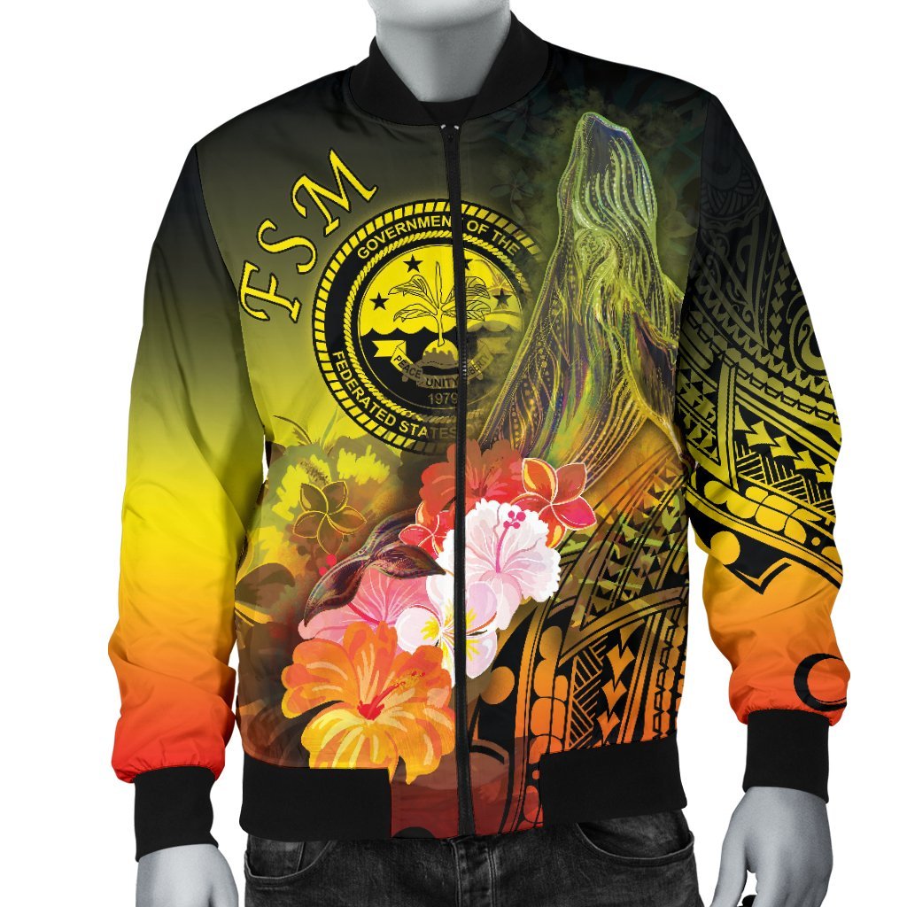 Federated States of Micronesia Men's Bomber Jacket - Humpback Whale with Tropical Flowers (Yellow) - Polynesian Pride