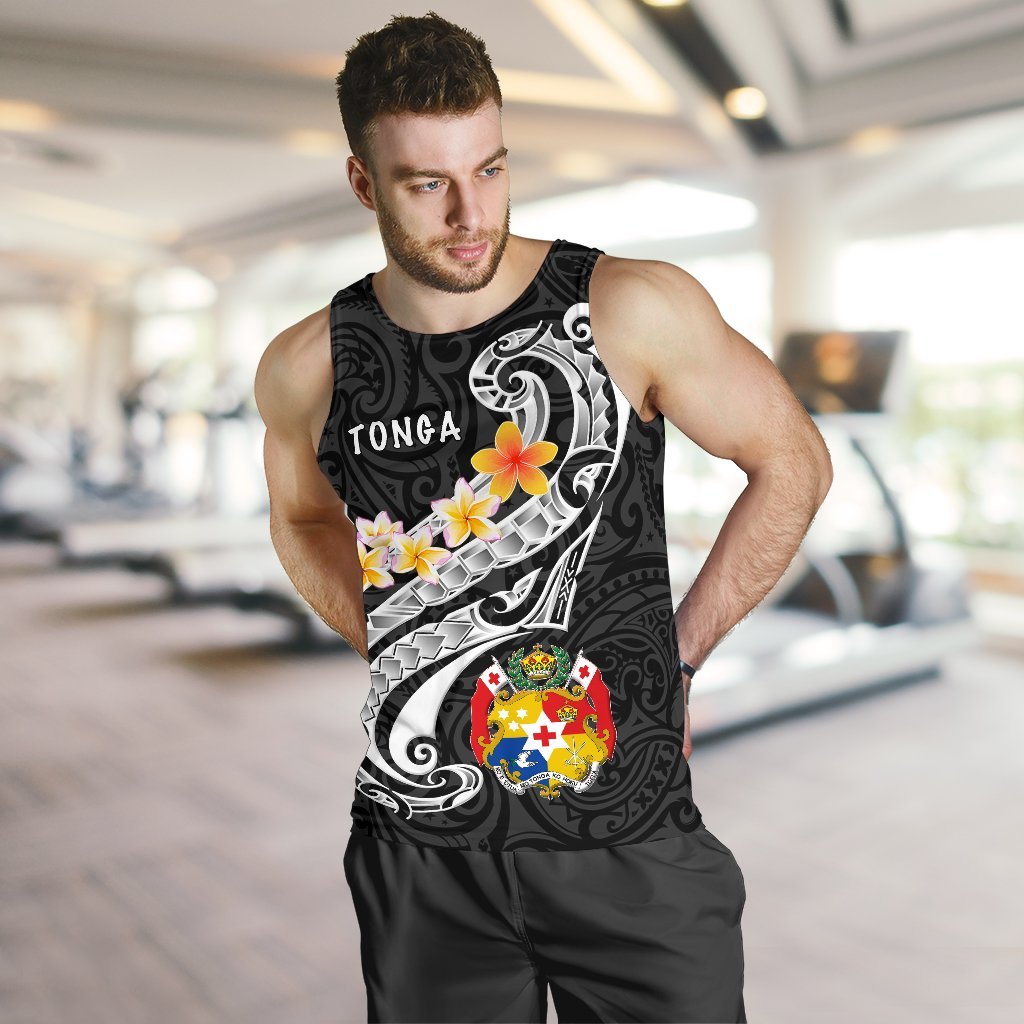 Tonga Men's Tank Top - Tonga Seal Polynesian Patterns Plumeria (Black) - Polynesian Pride