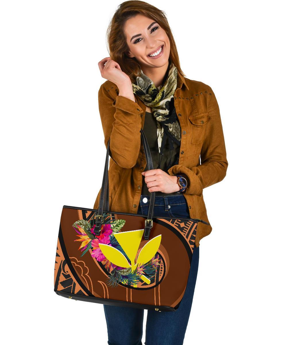 Hawaii Kanaka Maoli Leather Tote Bag - Polynesian Hook And Hibiscus - Polynesian Pride