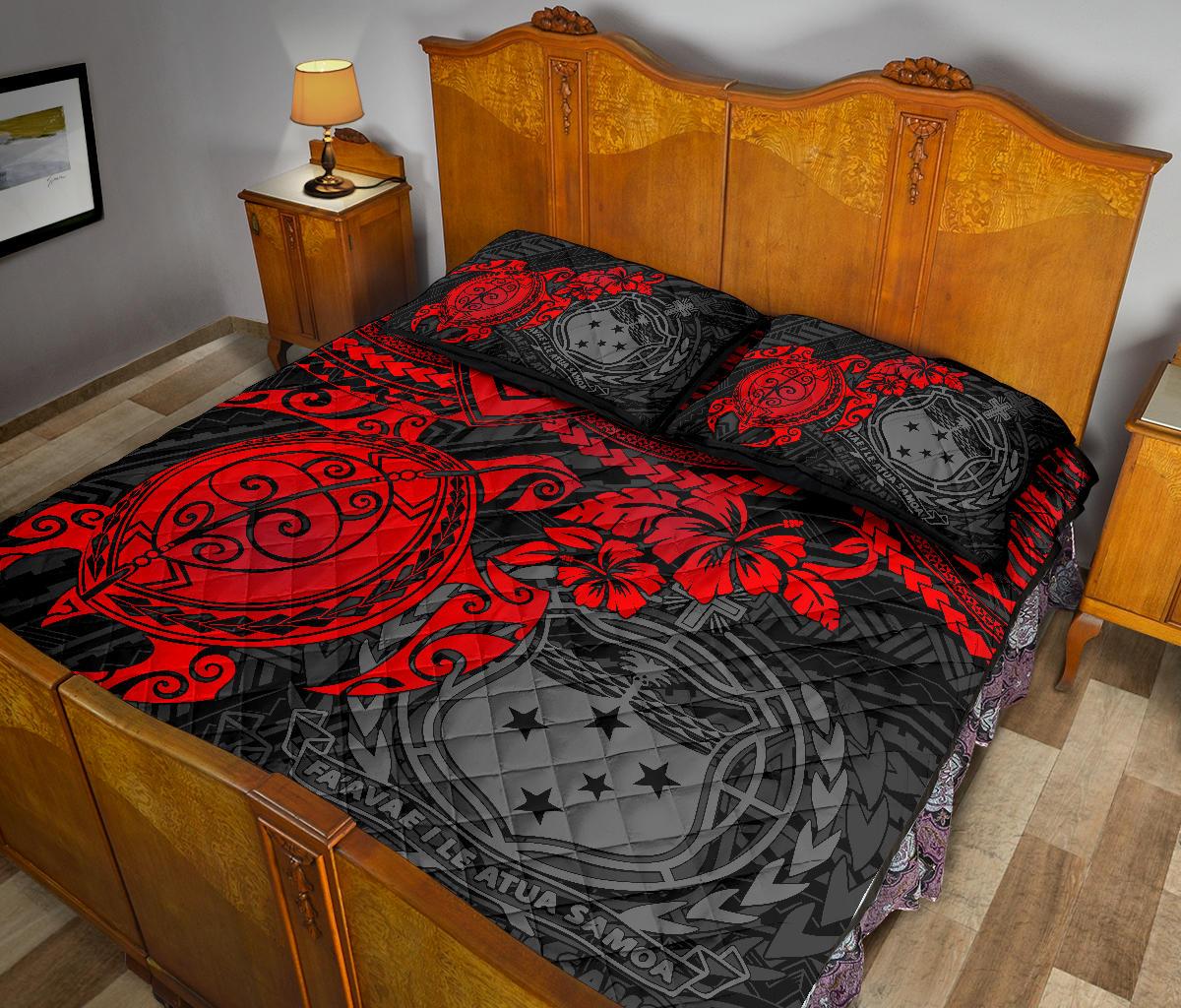 Samoa Polynesian Quilt Bed Set - Samoa Coat Of Arms & Red Turtle Hibiscus - Polynesian Pride