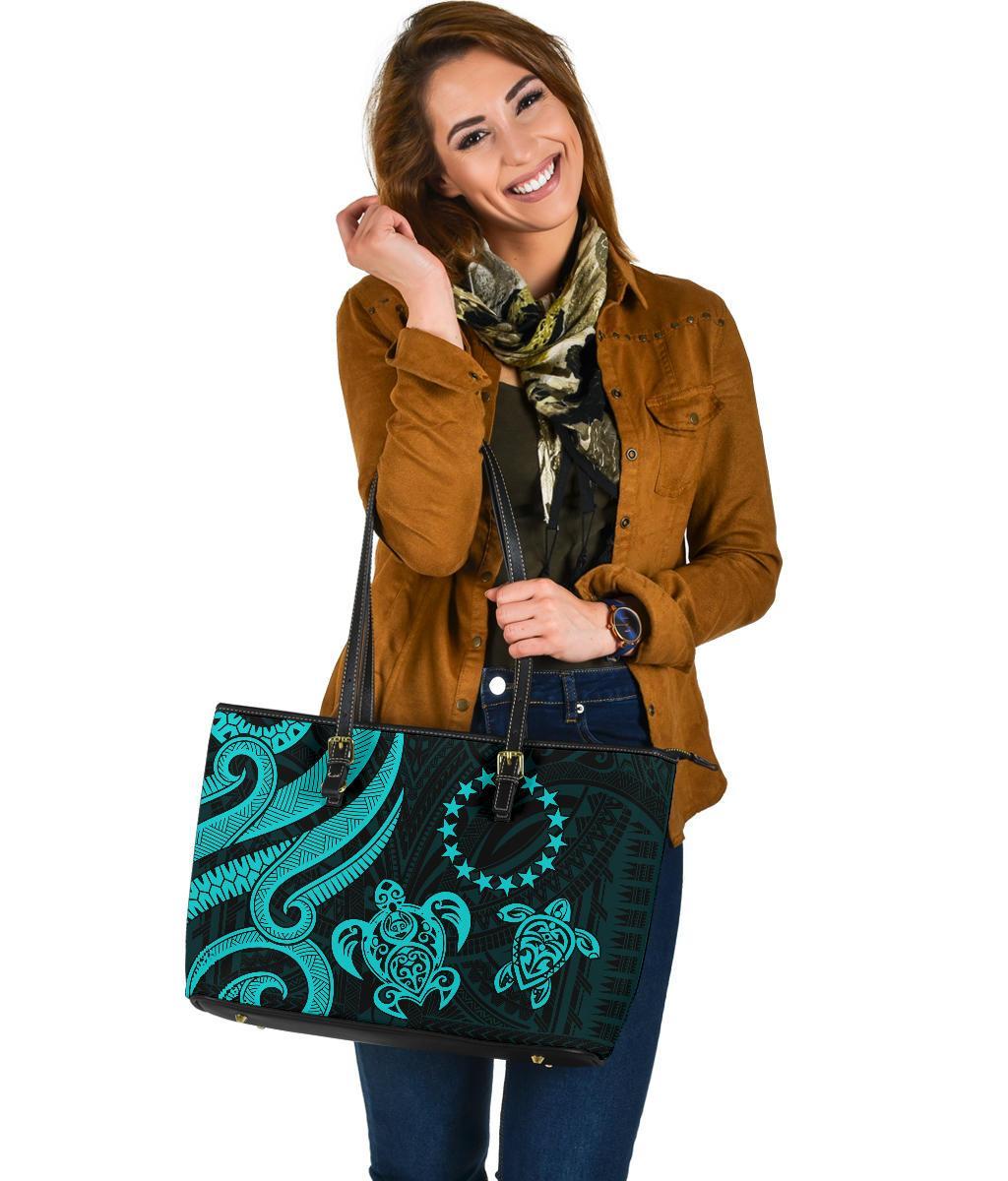 Cook Islands Leather Tote Bag - Turquoise Tentacle Turtle - Polynesian Pride