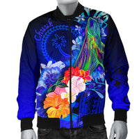 Chuuk Men's Bomber Jacket - Humpback Whale with Tropical Flowers (Blue) - Polynesian Pride