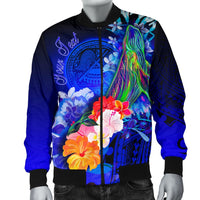 American Samoa Polynesian Custom Personalised Men's Bomber Jacket - Humpback Whale with Tropical Flowers (Blue) - Polynesian Pride