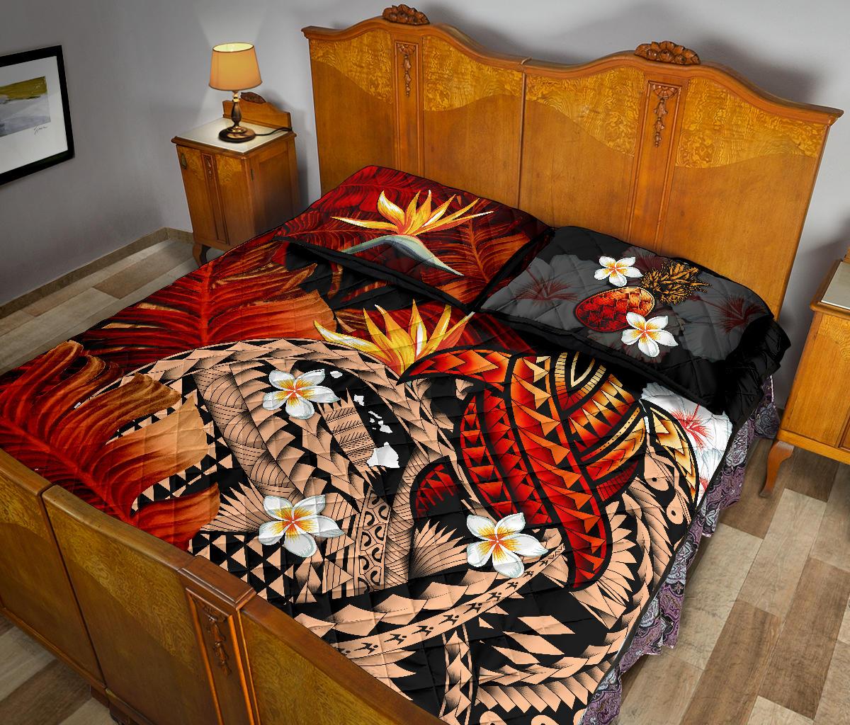 Kanaka Maoli (Hawaiian) Quilt Bed Set, Polynesian Pineapple Banana Leaves Turtle Tattoo Red - Polynesian Pride