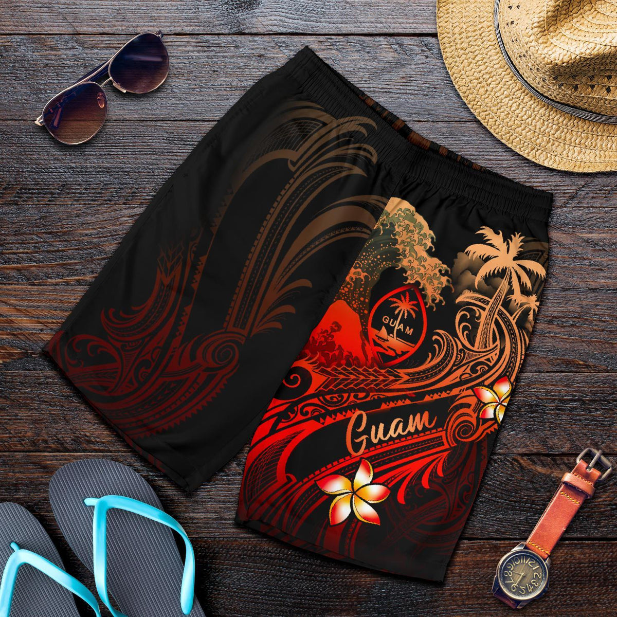 Guam Polynesian Men's Short - Plumeria Flowers And Waves - Polynesian Pride