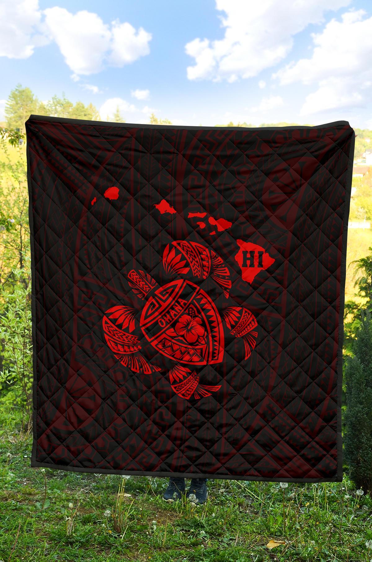 Hawaii Turtle Hibicus Map Premium Quilt - Red - Polynesian Pride
