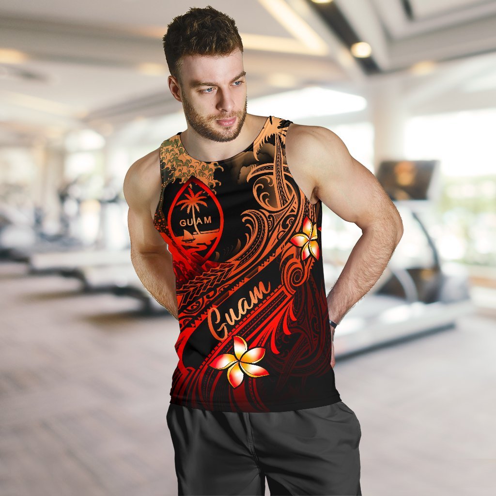 Guam Polynesian Men's Tank Top - Plumeria Flowers And Waves - Polynesian Pride