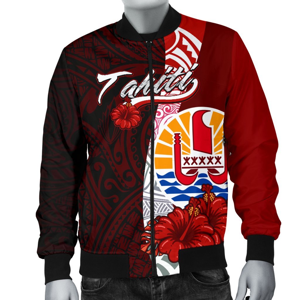 Tahiti Polynesian Men's Bomber Jacket - Coat Of Arm With Hibiscus - Polynesian Pride