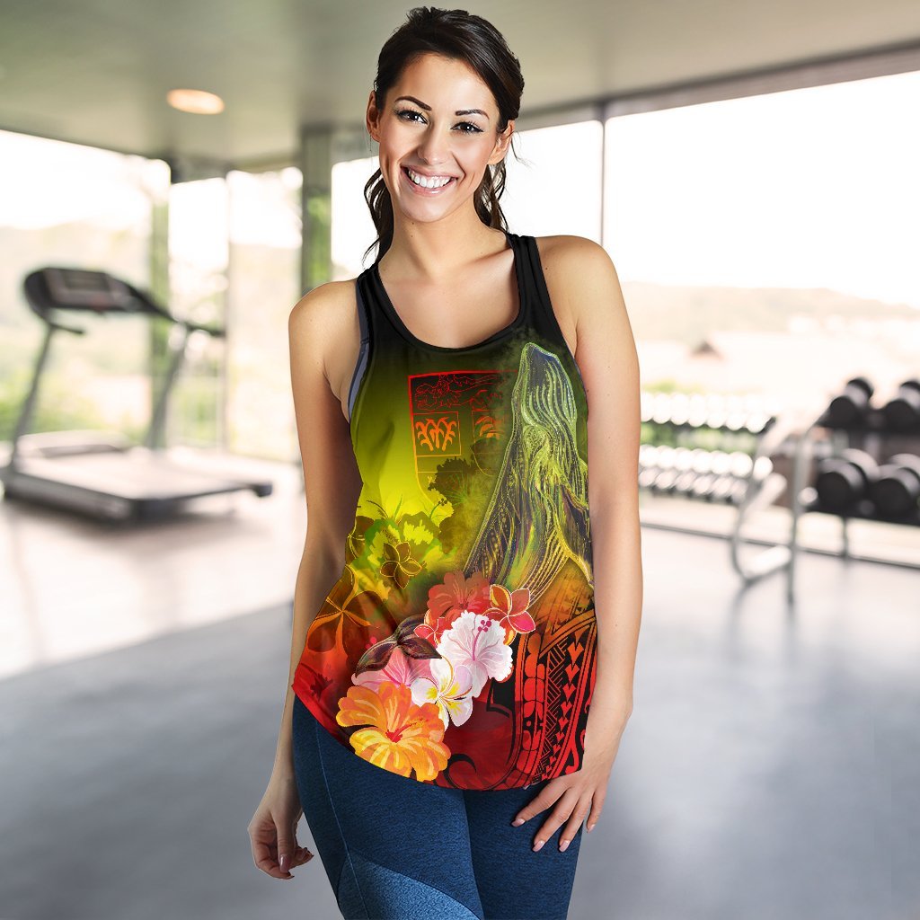 Fiji Women's Racerback Tank - Humpback Whale with Tropical Flowers (Yellow) - Polynesian Pride