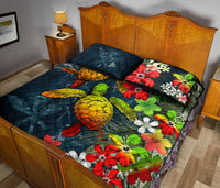 Kanaka Maoli (Hawaiian) Quilt Bed Set - Sea Turtle Tropical Hibiscus And Plumeria Reggae - Polynesian Pride