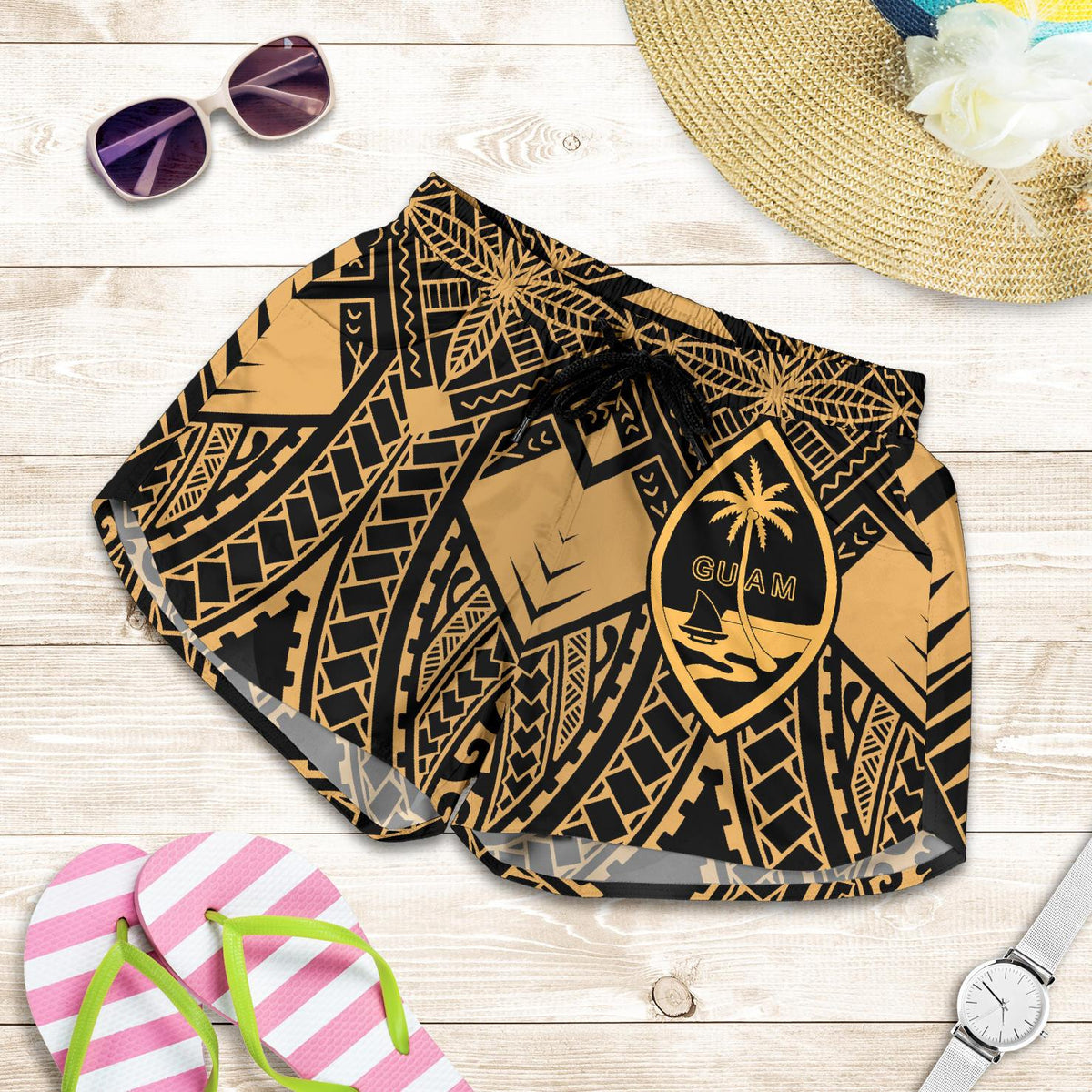 Guam Polynesian Women's Shorts - Guam Gold Seal with Polynesian Tattoo Women Gold - Polynesian Pride
