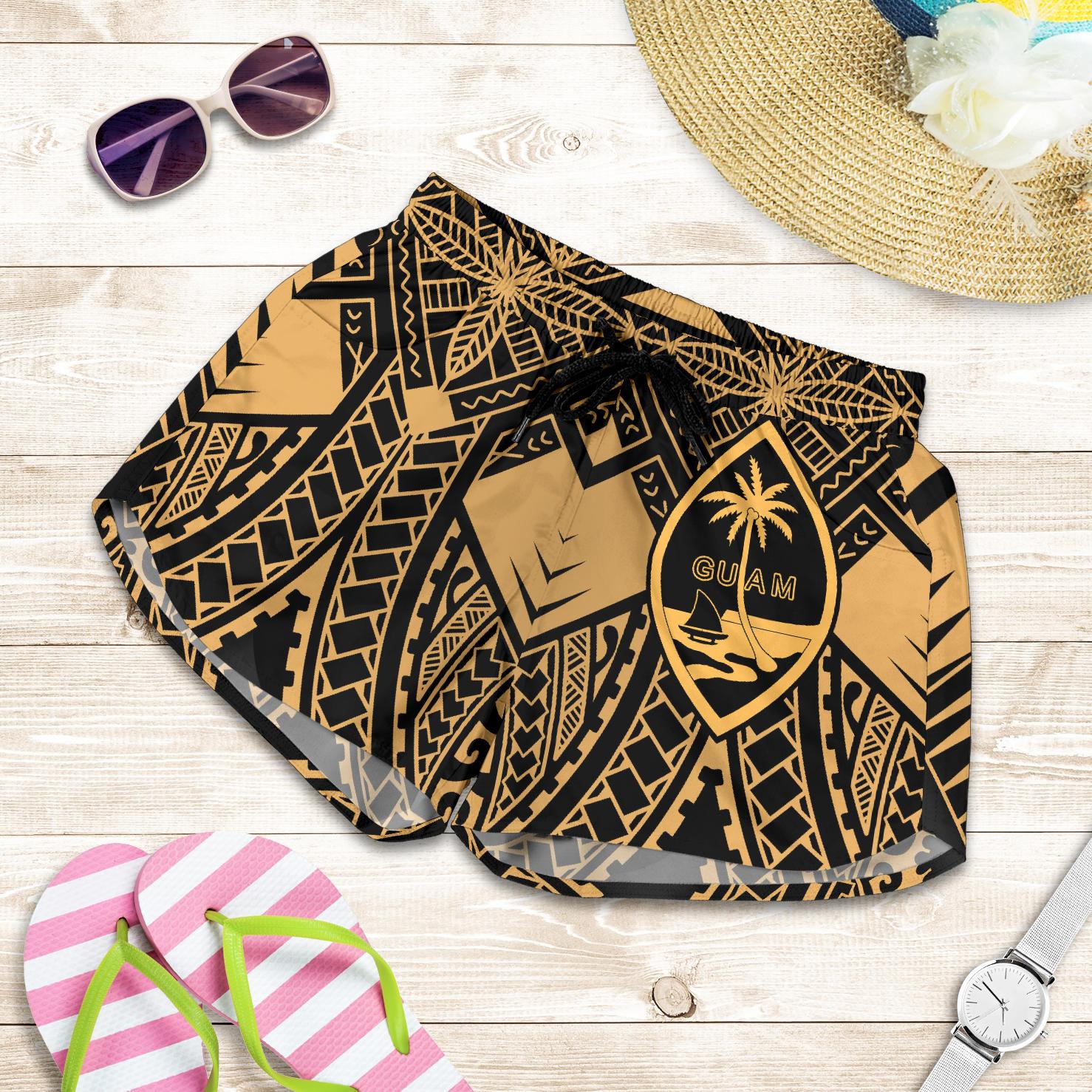 Guam Polynesian Women's Shorts - Guam Gold Seal with Polynesian Tattoo Women Gold - Polynesian Pride