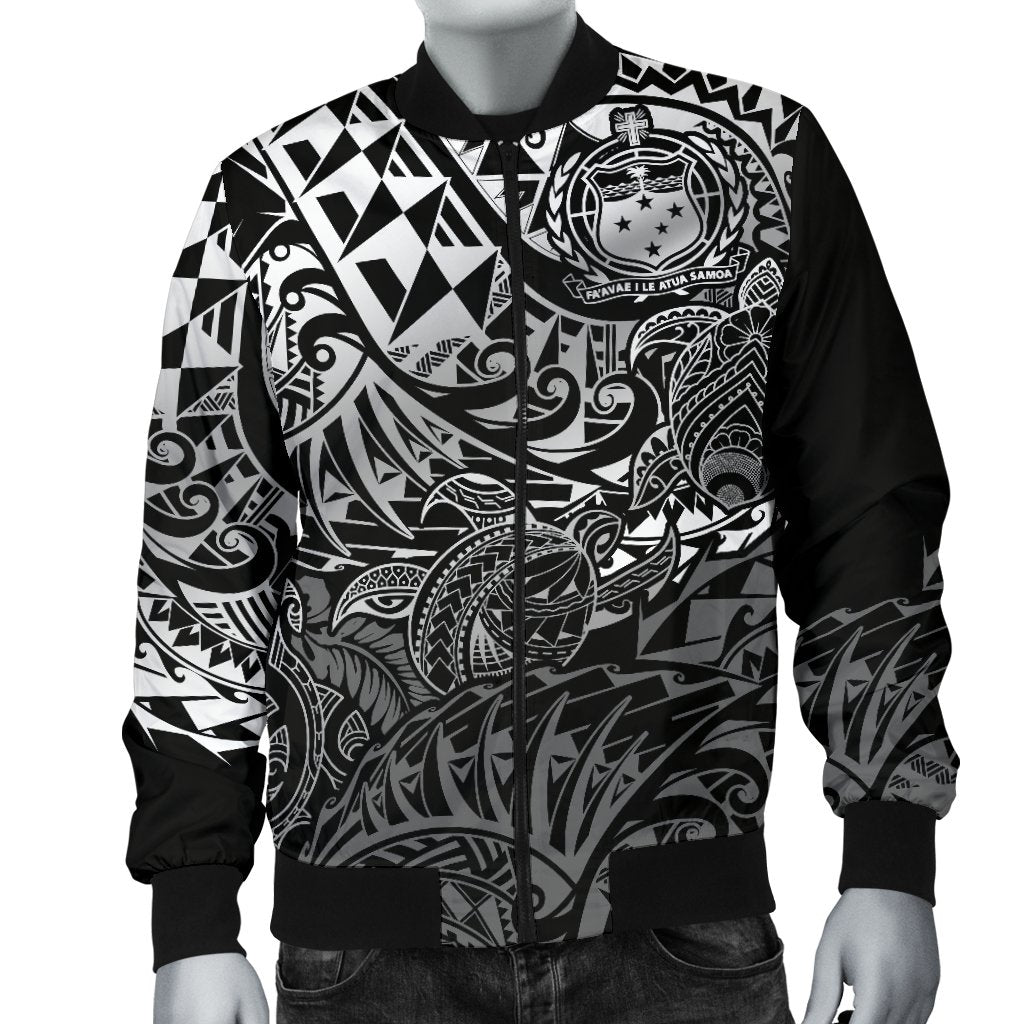 Samoa Polynesian Bomber Jacket (Men) - White Turtle Flowing - Polynesian Pride