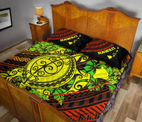Hawaii Polynesian Quilt Bed Set - Hawaii Yellow Sea Turtle Map & Green Hibiscus - Polynesian Pride