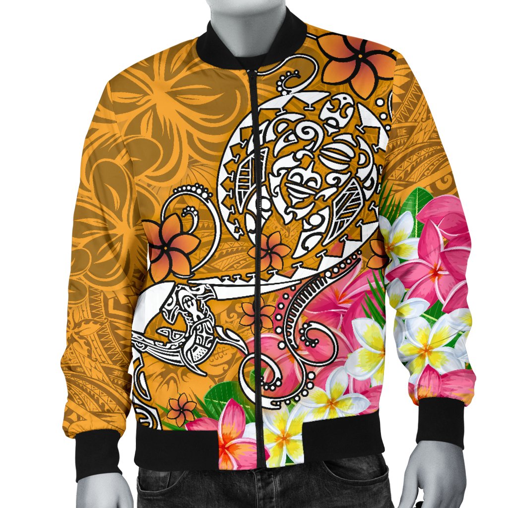 Polynesian Men's Bomber Jacket - Turtle Plumeria Gold Color - Polynesian Pride