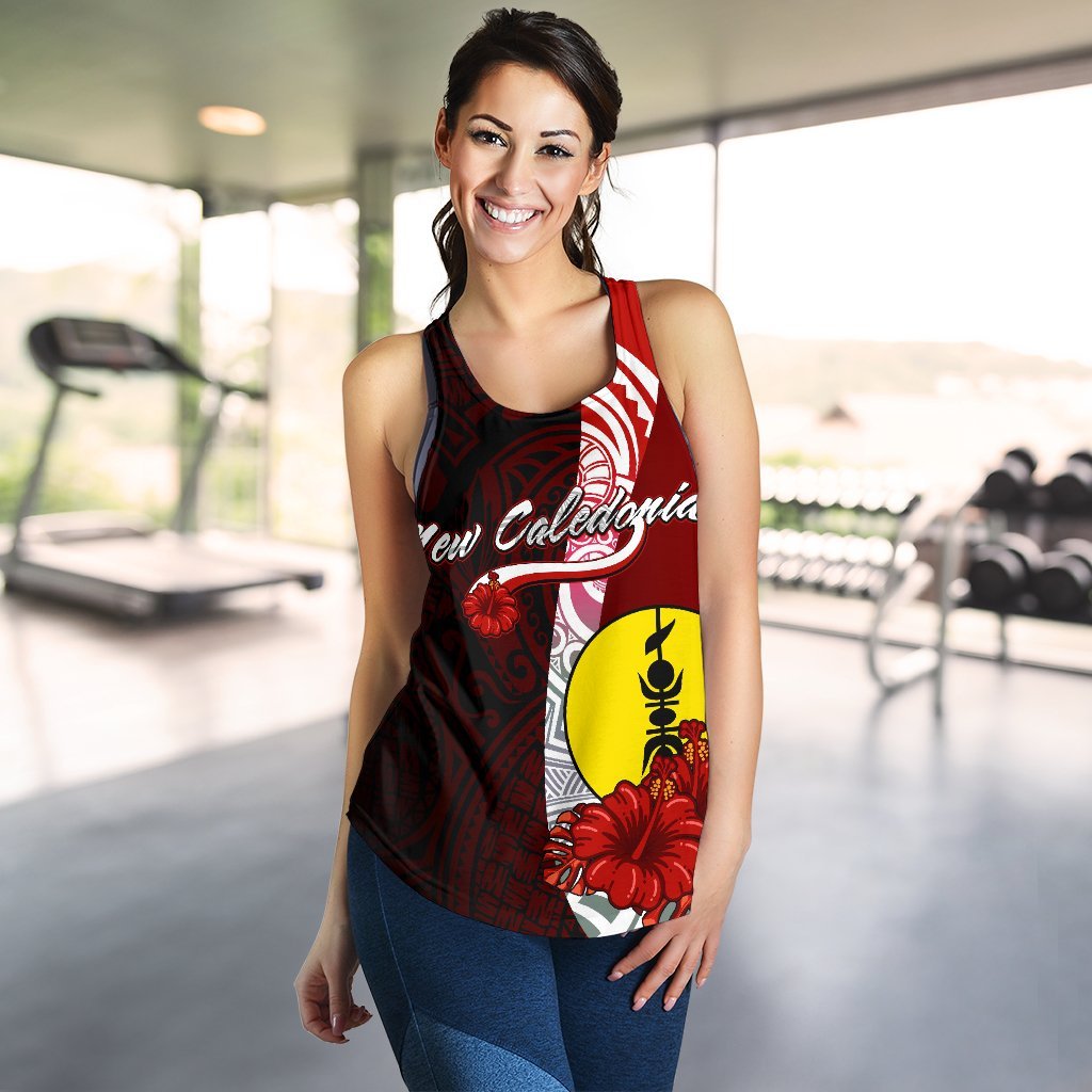 New Caledonia Polynesian Women's Racerback Tank - Coat Of Arm With Hibiscus - Polynesian Pride