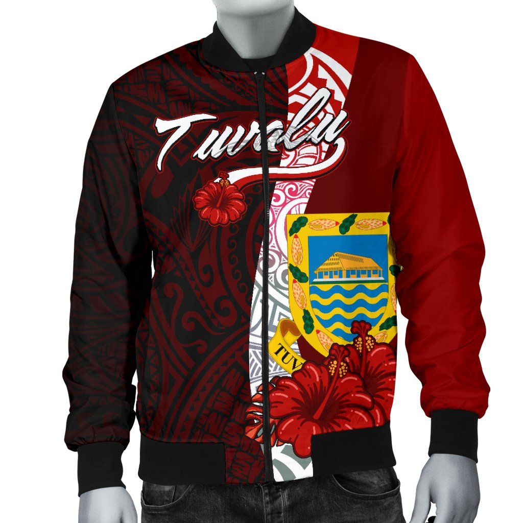 Tuvalu Polynesian Men's Bomber Jacket - Coat Of Arm With Hibiscus - Polynesian Pride