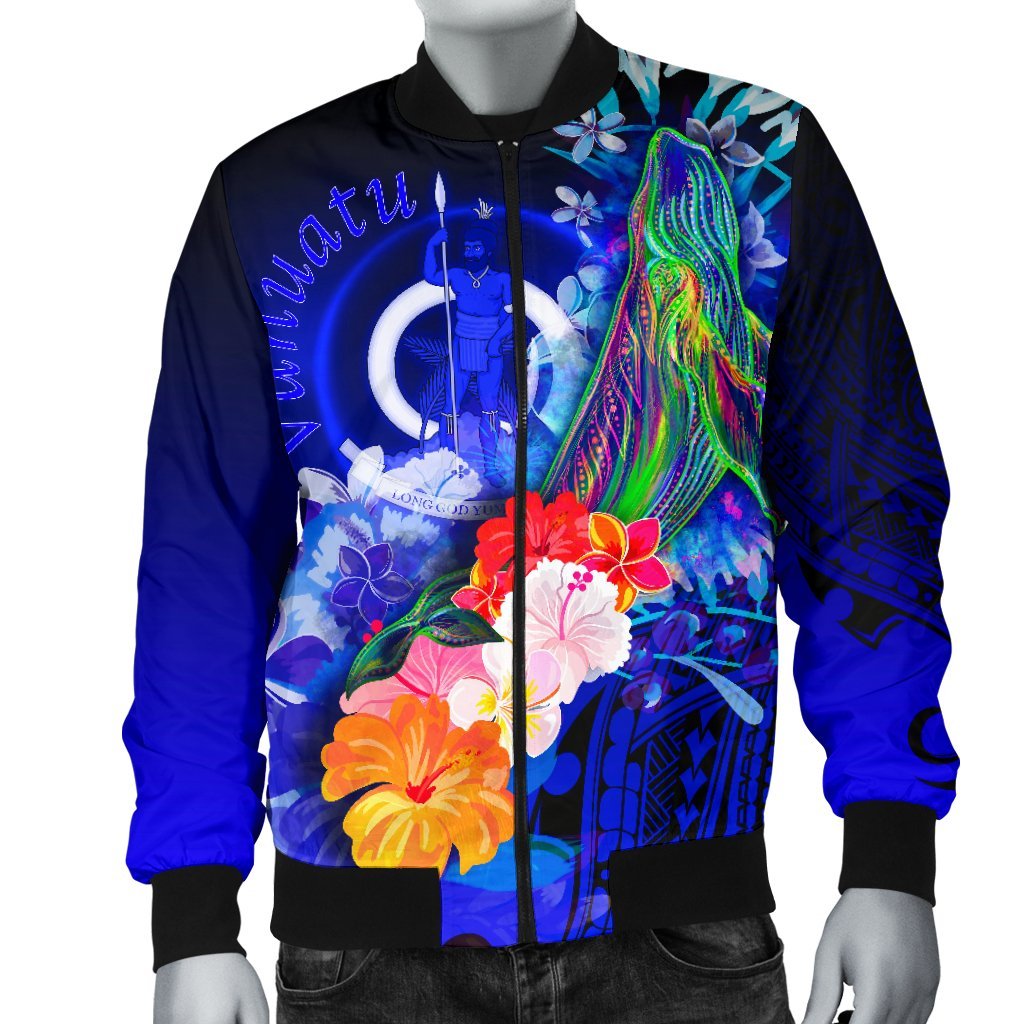 Vanuatu Men's Bomber Jacket - Humpback Whale with Tropical Flowers (Blue) - Polynesian Pride