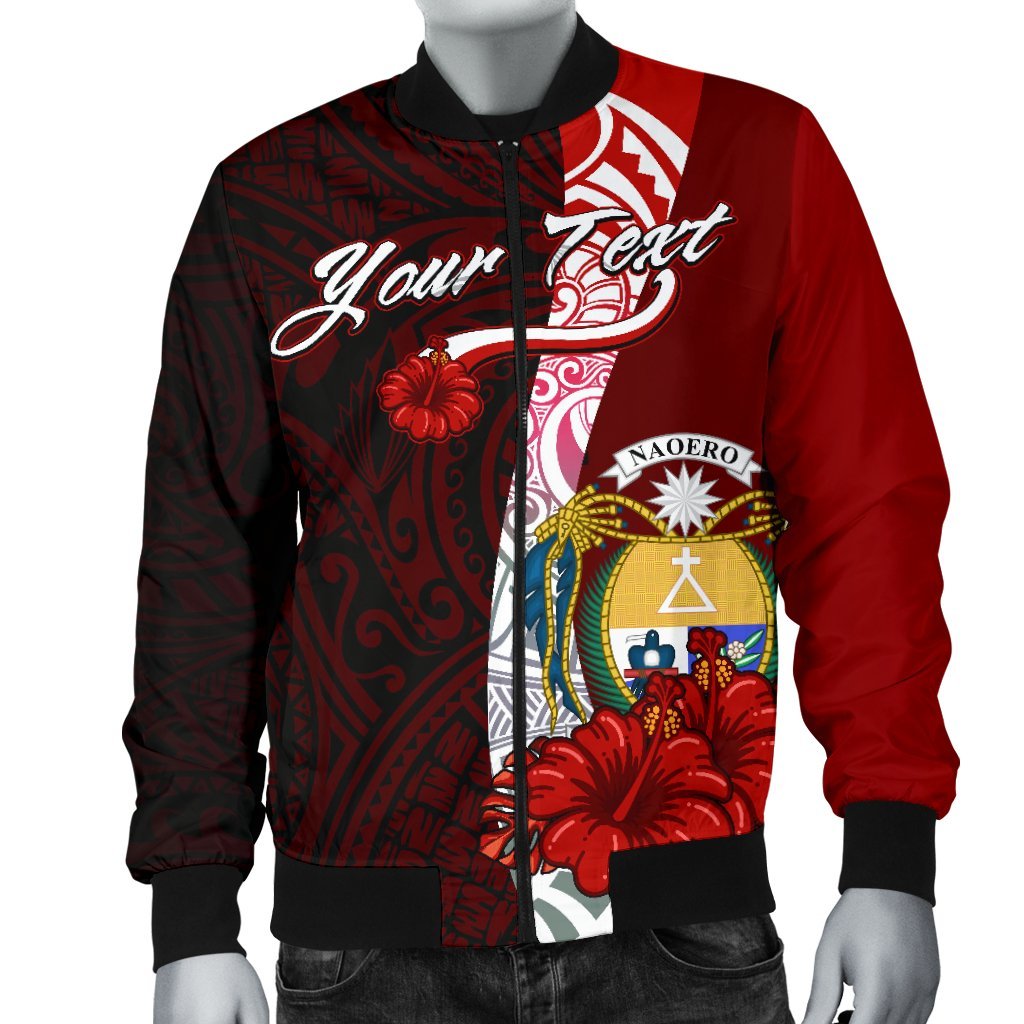 Nauru Polynesian Custom Personalised Men's Bomber Jacket - Coat Of Arm With Hibiscus - Polynesian Pride