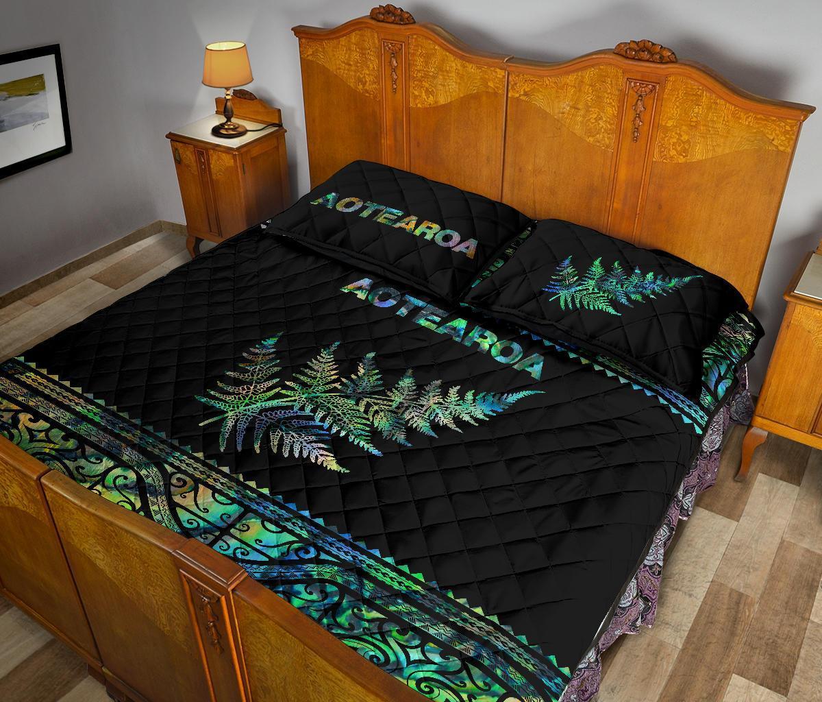 Aotearoa Maori Silver Fern Quilt Bed Set Paua Shell - Polynesian Pride