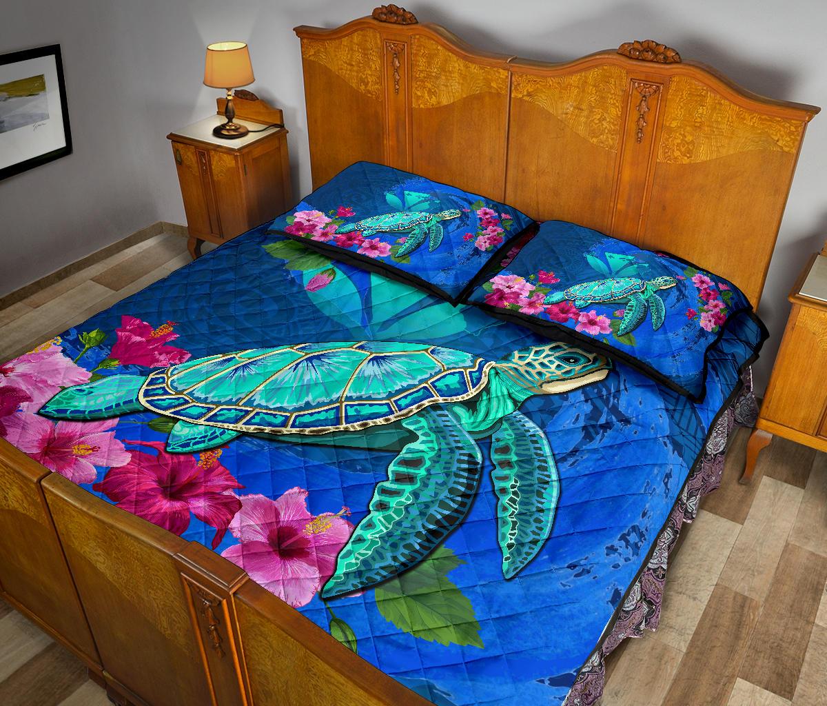 Hawaii Honu Aumakua Sea Hibiscus Quilt Bed Set - Nin Style - Polynesian Pride