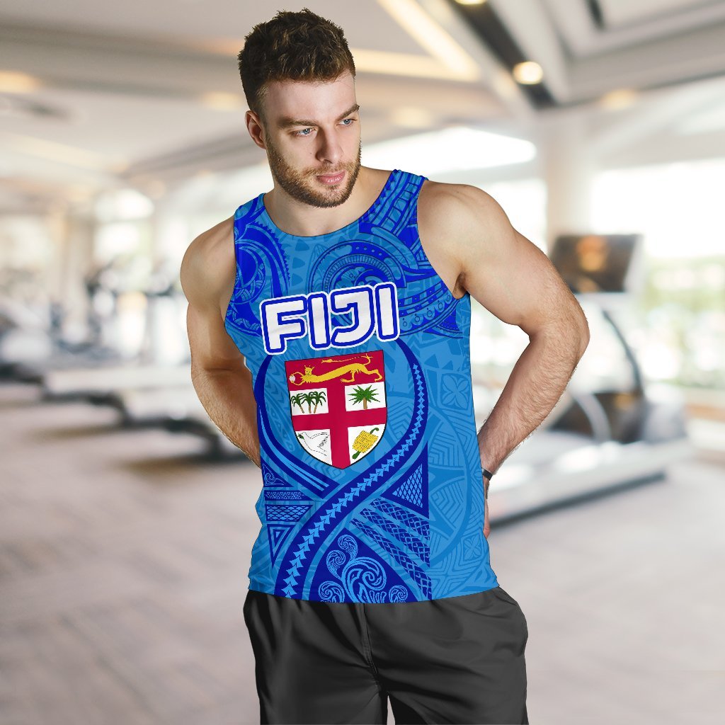 Combo Men Tank Top and Men Short Blue Fiji Rugby Polynesian Waves Style - Polynesian Pride