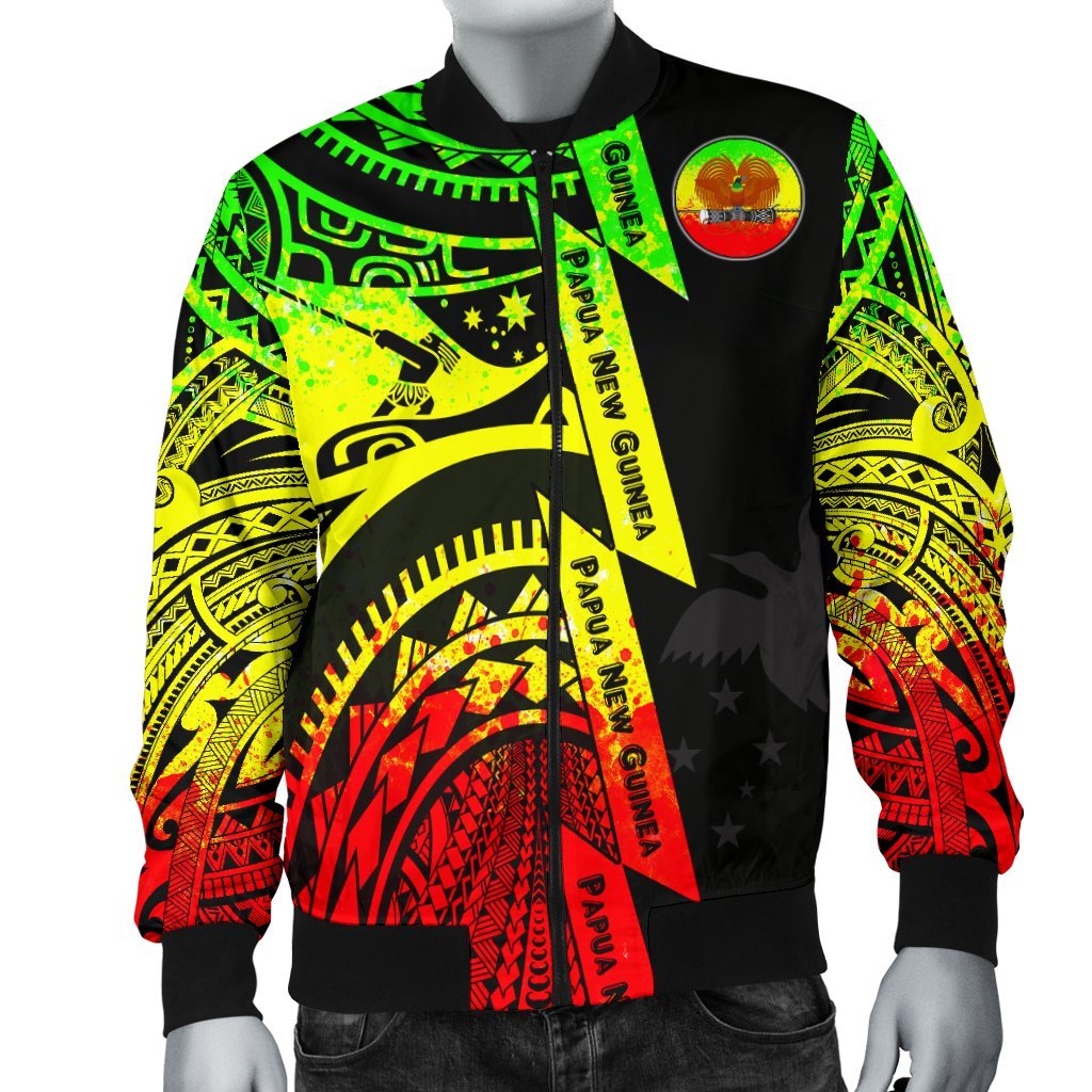 Polynesian Guinea Men's Bomber Jacket - Moana Maui Tattoo With Coat Of Arm Guinea Reggae Reggae - Polynesian Pride