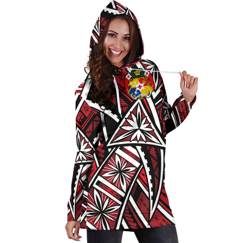 Tonga Women's Hoodie Dress - Tribal Flower Special Pattern Red Color - Polynesian Pride
