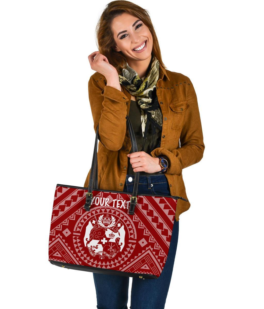 Tonga Personalised Leather Tote Bag - Tonga Seal With Polynesian Tattoo Style (Red) - Polynesian Pride