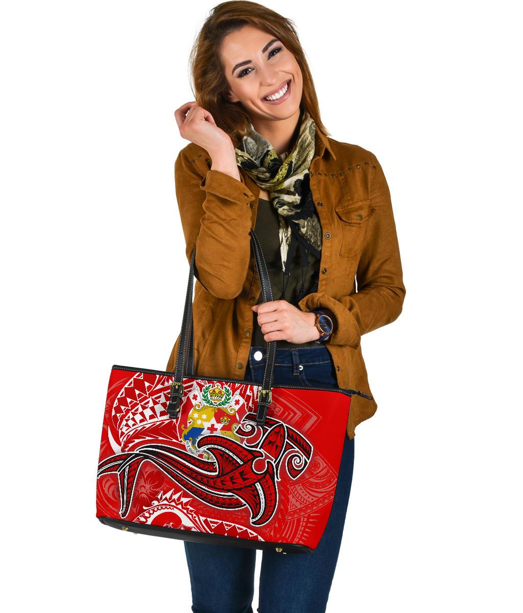 Tonga Leather Tote Bag - Red Shark Polynesian Tattoo - Polynesian Pride