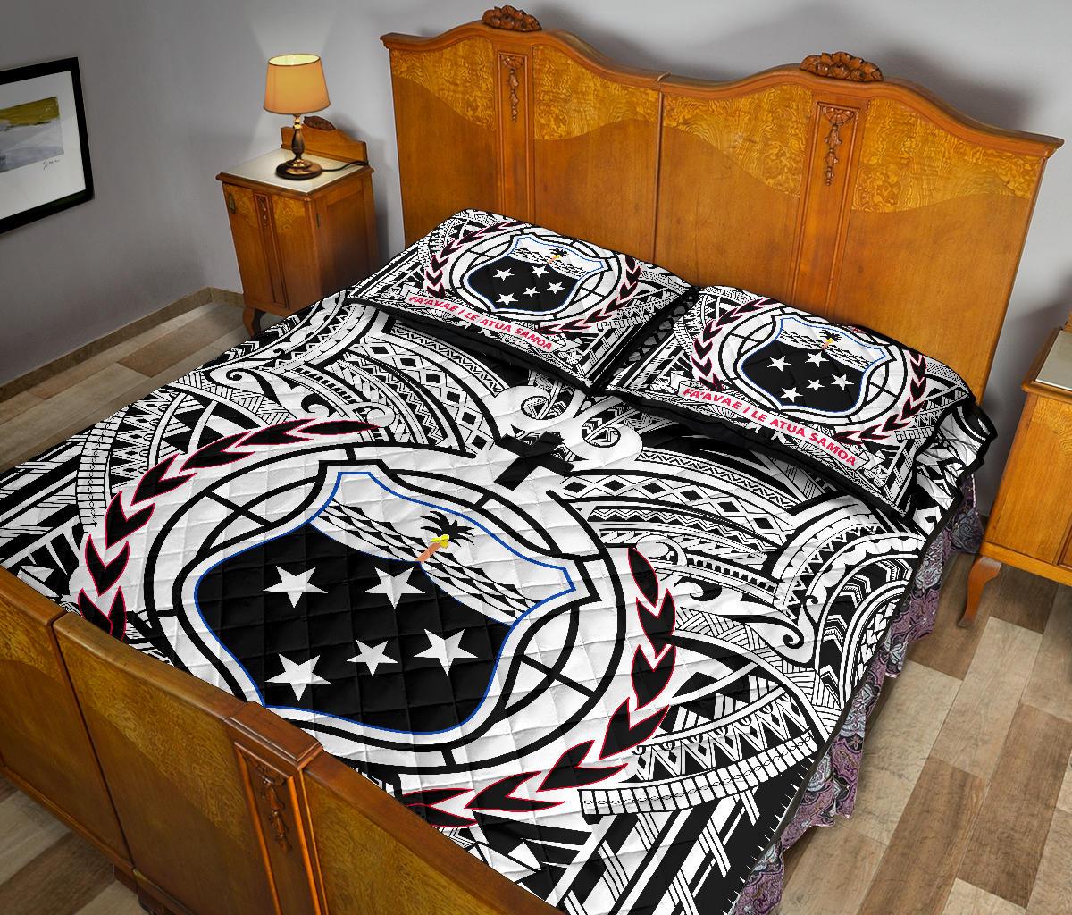 Samoa Quilt Bed Set - Samoa Coat Of Arm, Polynesian Tattoo (White) - Polynesian Pride