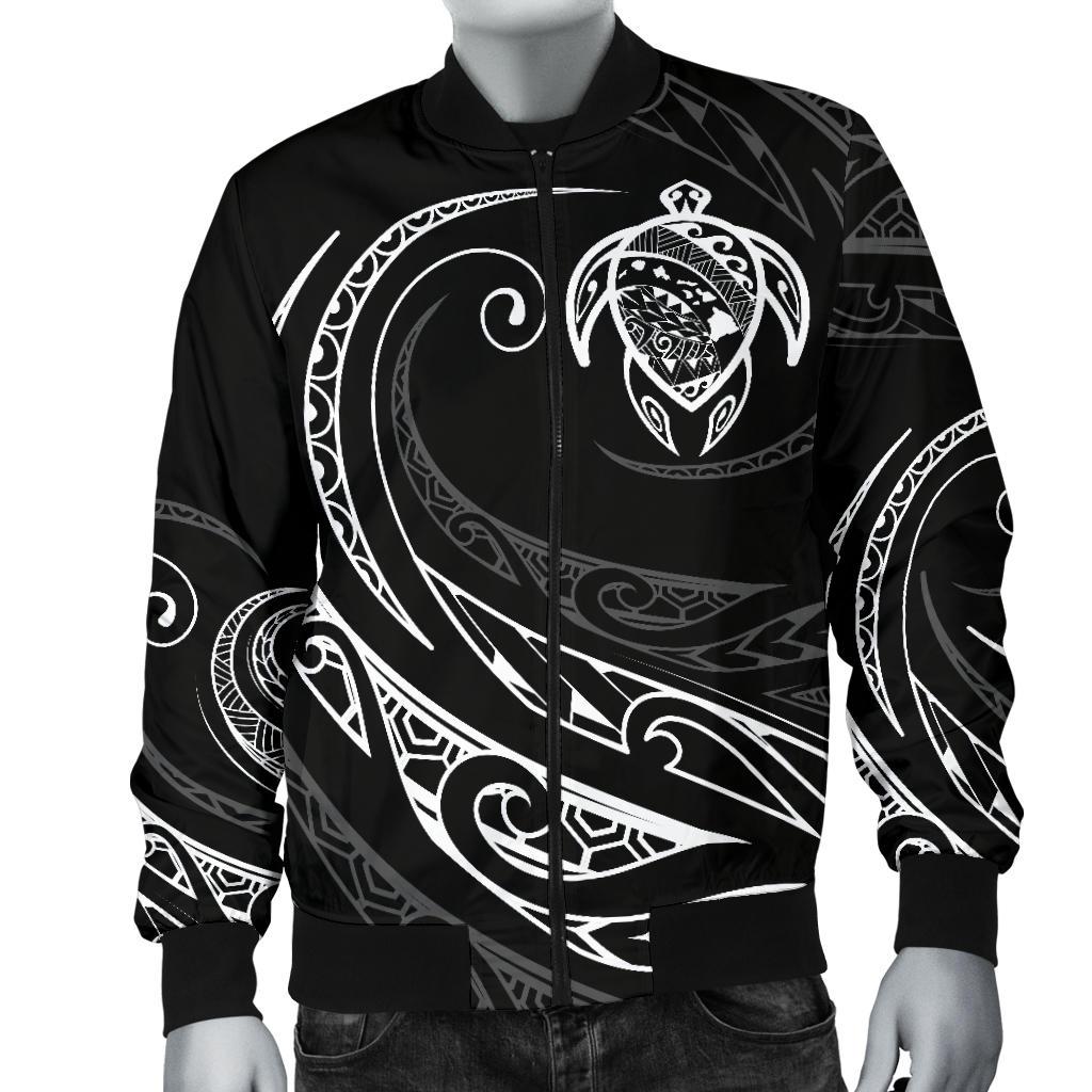 Hawaii Turtle Map Polynesian Men's Bomber Jacket - White - Frida Style - Polynesian Pride