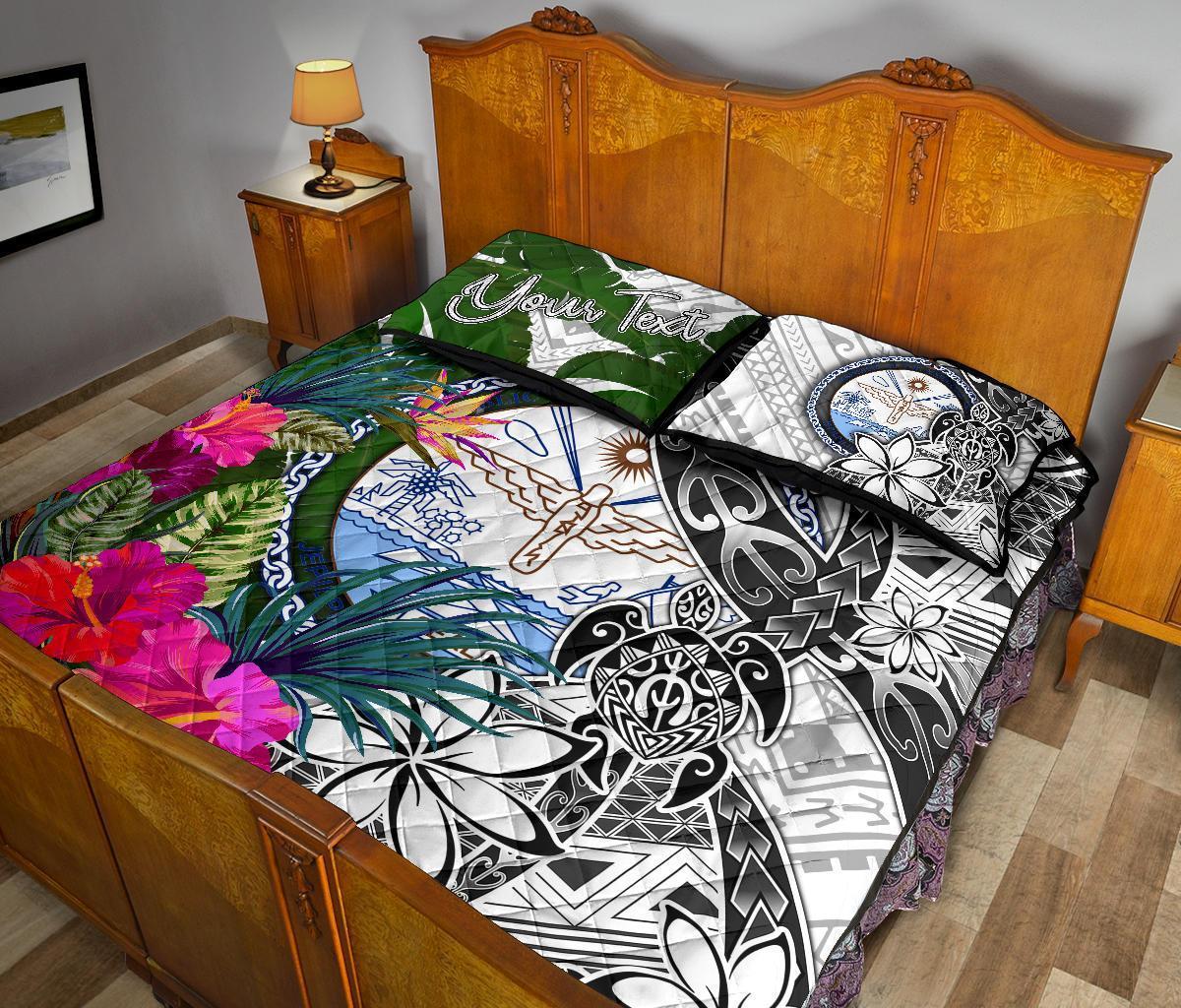 Marshall Islands Custom Personalised Quilt Bet Set White - Turtle Plumeria Banana Leaf Crest - Polynesian Pride