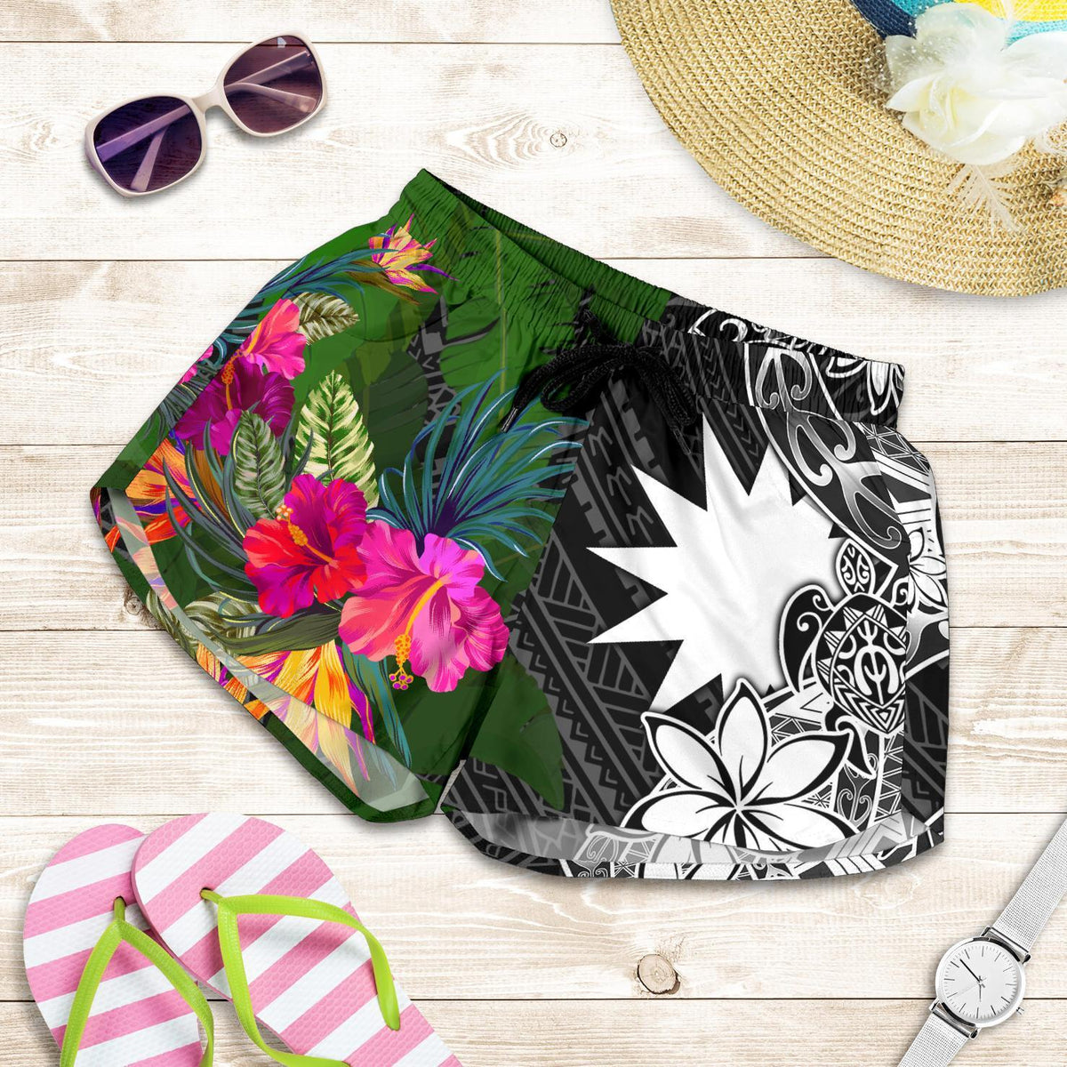 Nauru Women Shorts - Turtle Plumeria Banana Leaf Women Black - Polynesian Pride