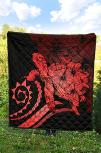 Hawaii Turtle Hibiscus Polynesian Vintage Premium Quilt - Red - Polynesian Pride