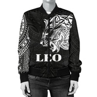 Sun In Leo Zodiac Women Bomber Jacket Polynesian Tattoo Simple - White - Polynesian Pride