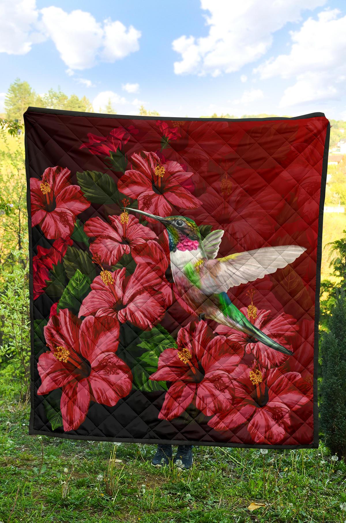 Hawaii Red Hibiscus Humming Bird Premium Quilt - Polynesian Pride