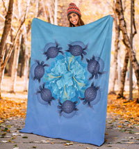 Hawaii Turtle Hibiscus Blue Premium Blanket - Polynesian Pride