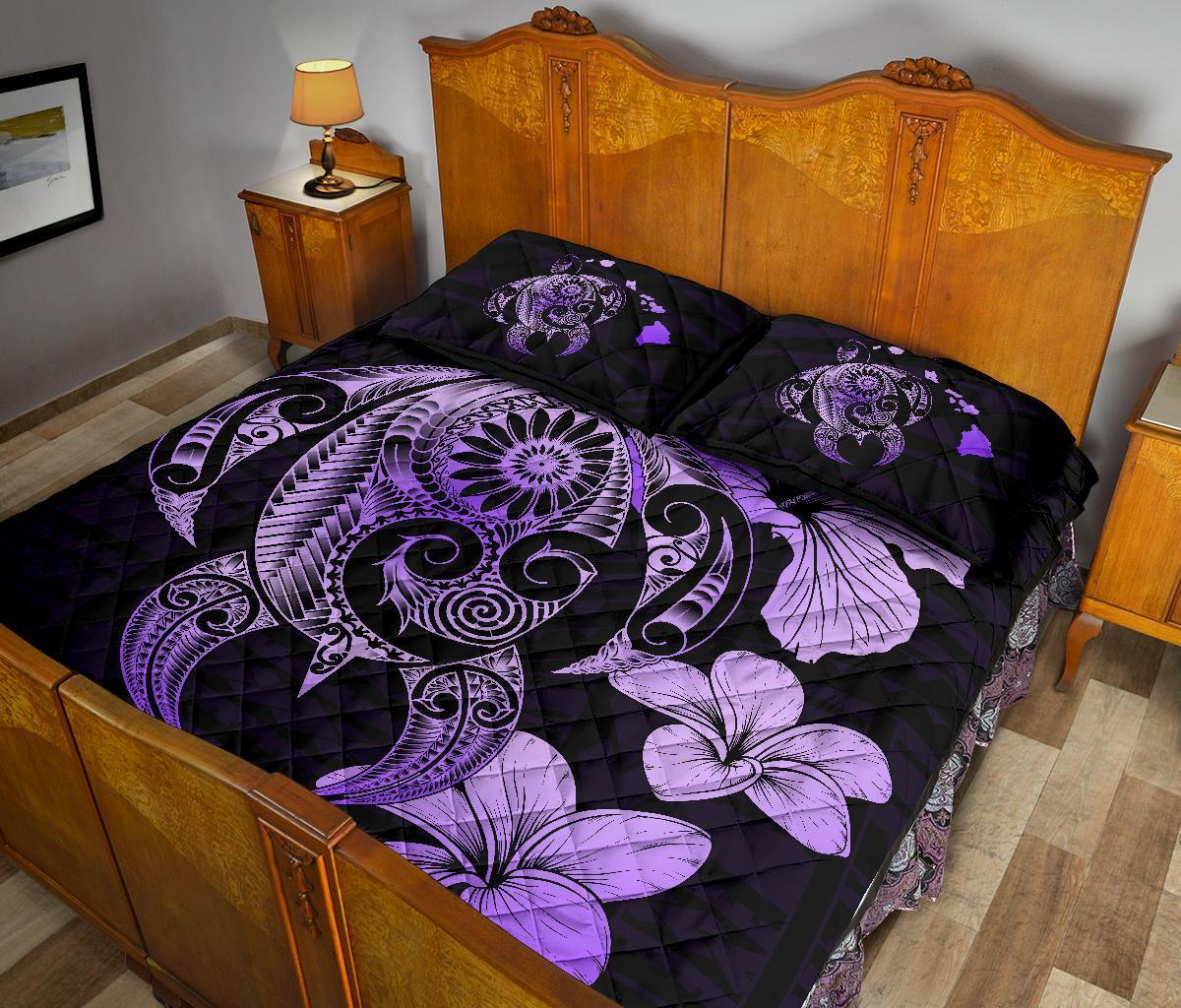 Hibiscus Plumeria Mix Polynesian Violet Turtle Quilt Bed Set - Polynesian Pride