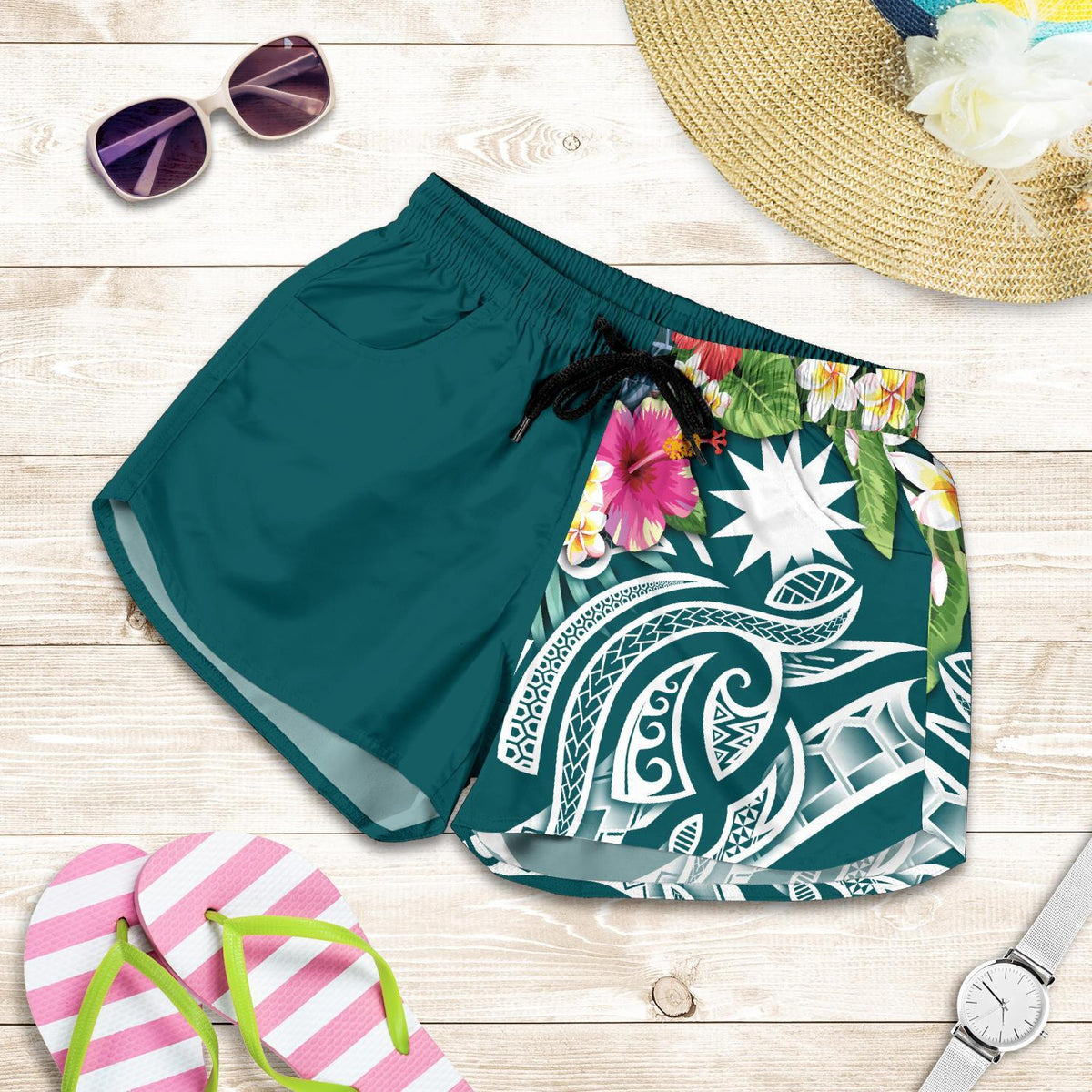 Nauru Polynesian Women's Shorts - Summer Plumeria (Turquoise) Women Turquoise - Polynesian Pride